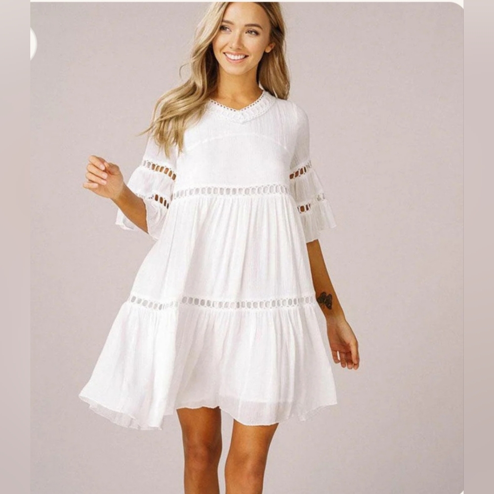 NWT BellanBlue White Tiered Boho Babydoll Dress, Size Small